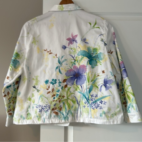 VTG Watercolor Floral Print White Cotton Twill/Sailcloth Jacket w Pockets - Picture 8 of 11
